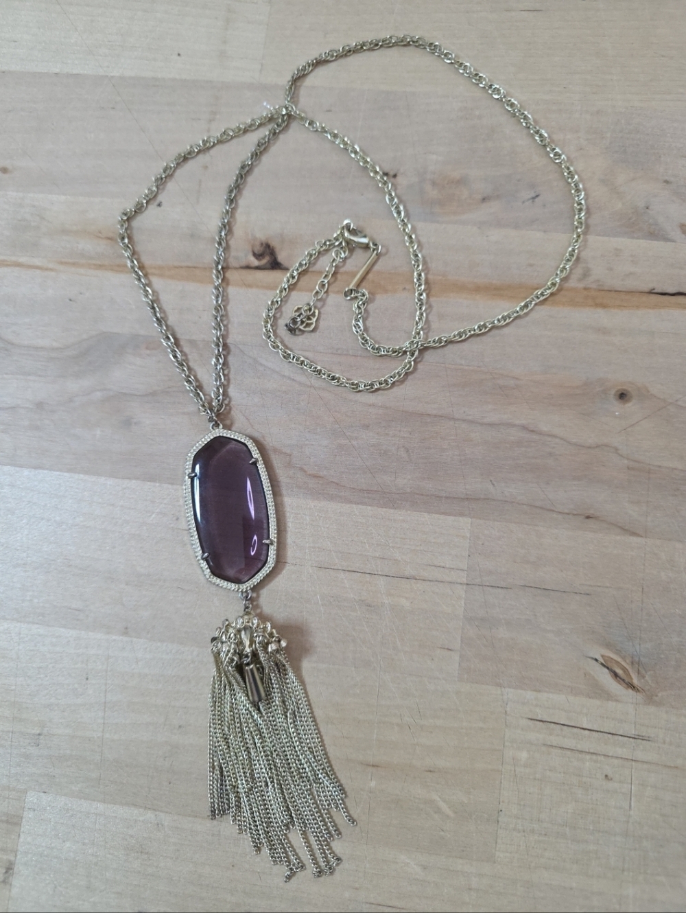 Kendra Scott Rayne Statement Necklace Purple Glass Pendant Tassel Gold Tone